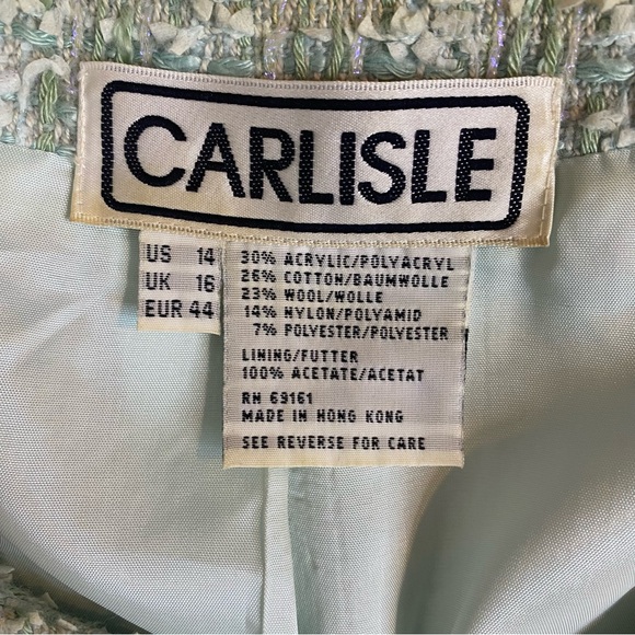 Vintage Carlisle Tweed Aqua Seafoam Long Sleeve Wool Blend Button Blazer Size 14 - Picture 4 of 9